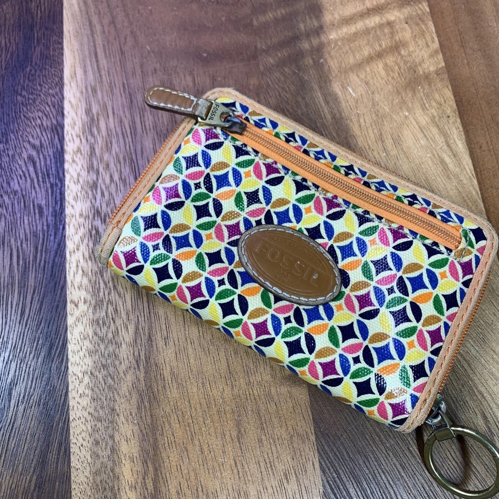 Fossil Wallet Womens Multicolor Geometric Print Zip Around Key Ring SL4-416